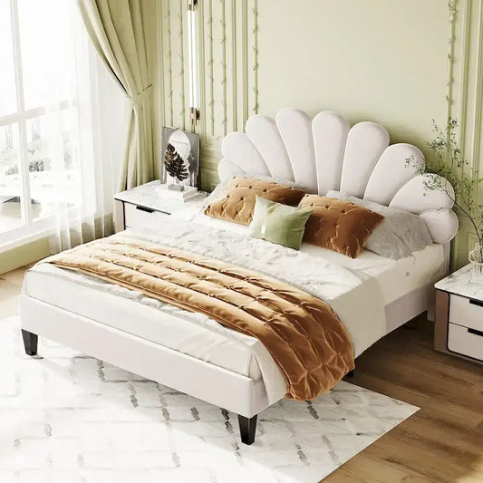 Red Velvet Flower Pattern Queen Platform Bed, for 1–2 People