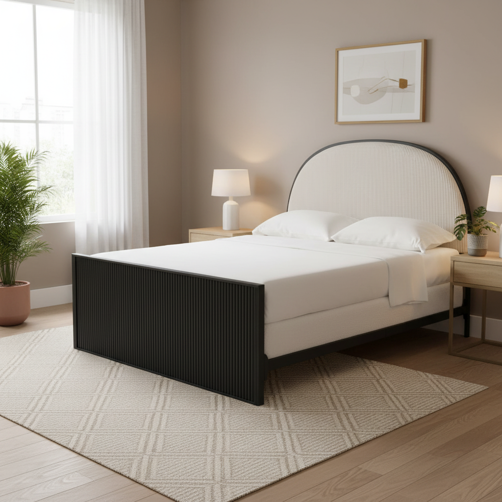 Black / Gray Fabric Headboard Queen Bed, Fits 1–2