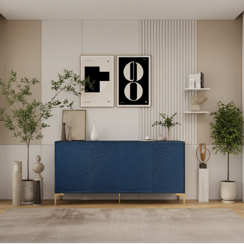 4-Door Sideboard with Arched Grooves and Adjustable Shelves