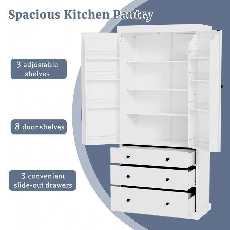 77 Farmhouse-Style Freestanding Pantry Spacious Kitchen Storage Cabinet with 3 Adjustable Shelves, 8 Door Racks & 3 Drawers.