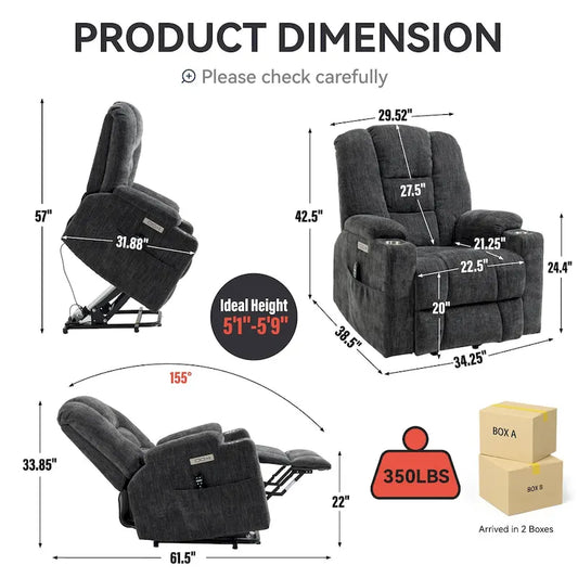 Grey Spacious Power Lift Recliner with Massage, Heat, Dual USB Ports, Type C Charging, and Cup Holders