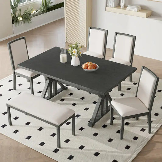 Farmhouse Style 6-Piece Dining Table Set with 4 Upholstered Dining Chairs and Bench