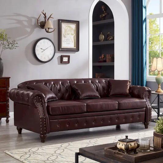 Tufted Technical Leather 3-Seater Sofa with Under-Seat Storage | Black / Ivory White / Burgundy
