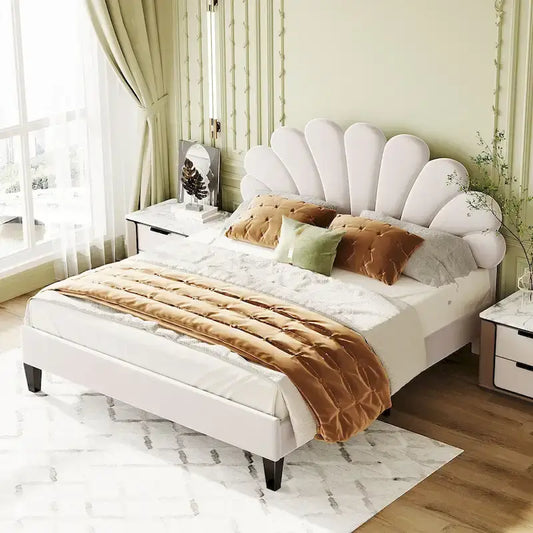 Upholstered Platform Bed with Flower Pattern Headboard