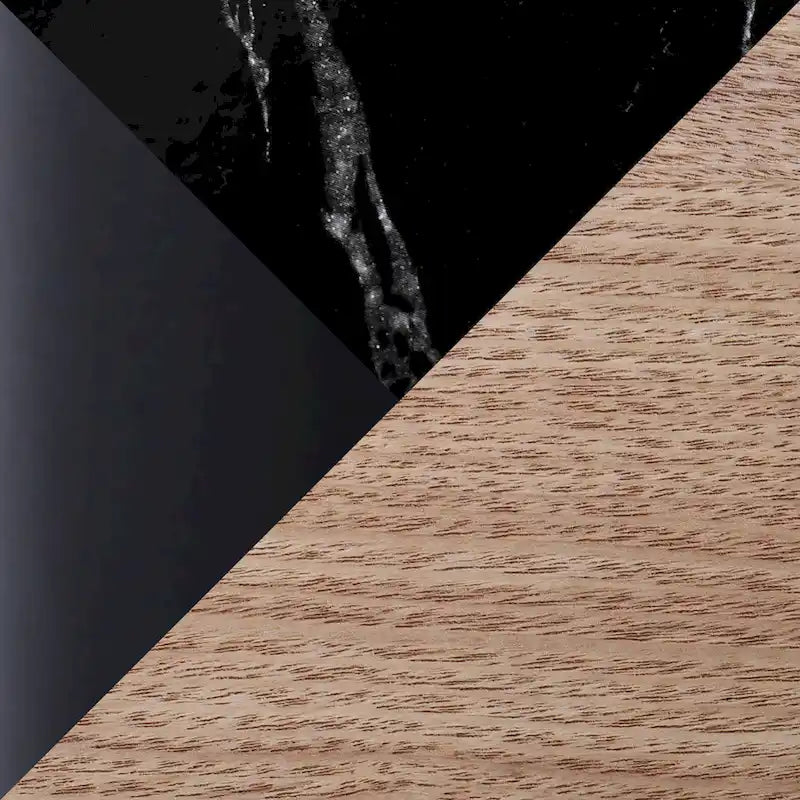 Natural Wood & Black Metal Round End Table with Faux Marble Shelf
