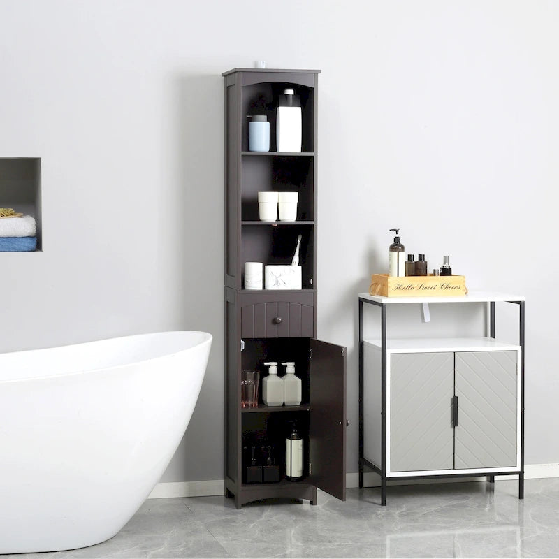 HOMCOM Bathroom Storage Cabinet, Free Standing Bath Storage Unit, Tall Linen Tower with 3-Tier Shelves and Drawer, Brown