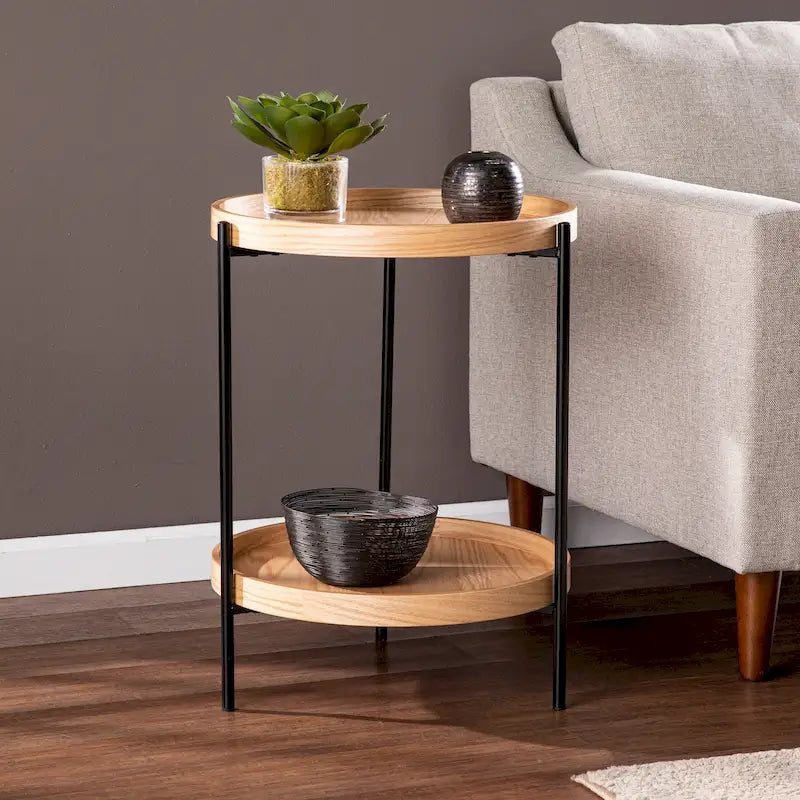 Black / Natural & Black Round Modern Side Table with Shelf