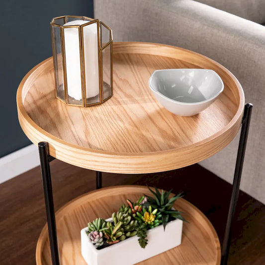 Round Wood Side Table with Metal Frame and Shelf