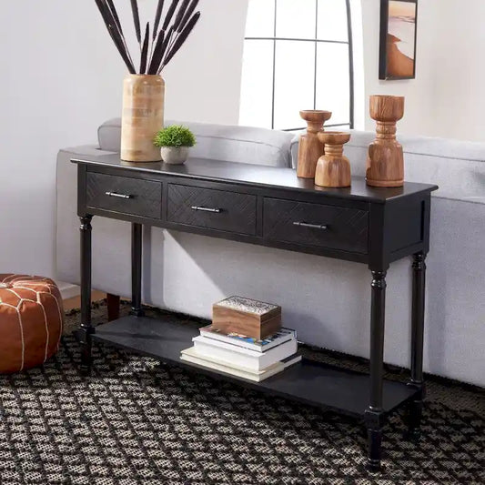 Greige / Brown / Black / Distressed White | 3-Drawer Herringbone Console Table with Bottom Shelf