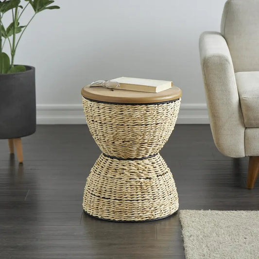 Rattan Handmade Woven Side End Accent Table with Wood Tabletop and Black Frame - Light Brown or Brown - Roche River Decor