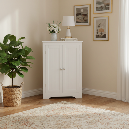 White Corner Floor Cabinet with Glass Doors and Adjustable Shelves – 1 Person Use