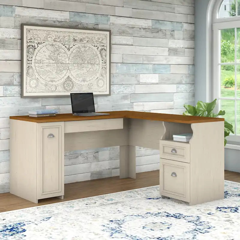 Antique Black/Antique White L-Shaped Corner Desk with Drawers and Storage, 1-Person