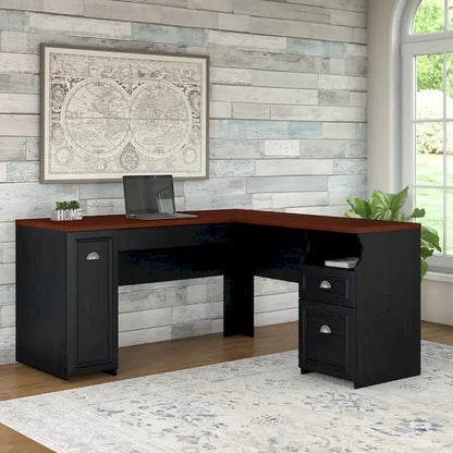 Antique Black/Antique White L-Shaped Corner Desk with Drawers and Storage, 1-Person