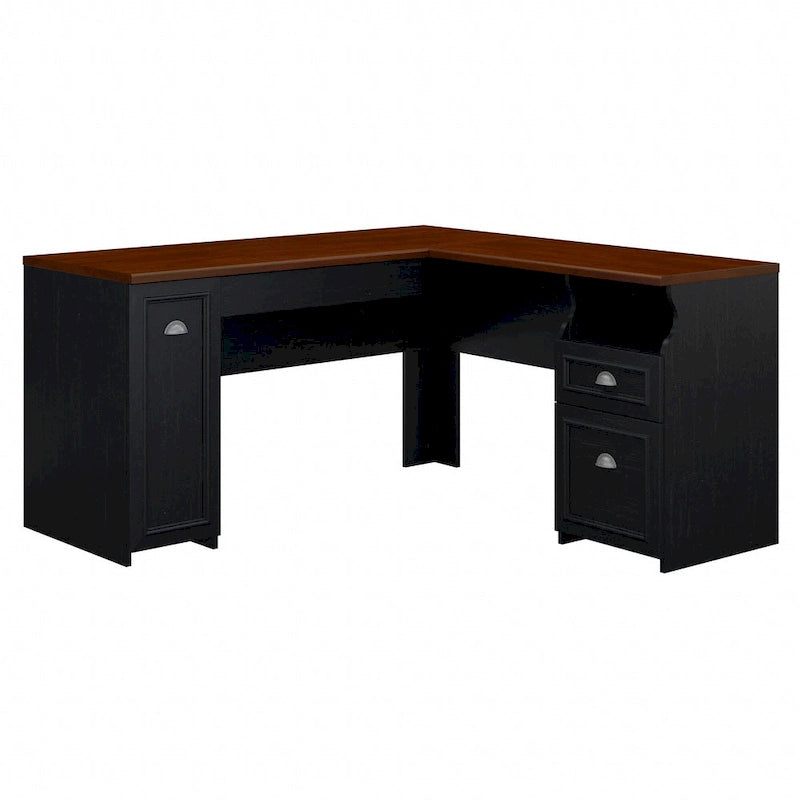 Antique Black/Antique White L-Shaped Corner Desk with Drawers and Storage, 1-Person