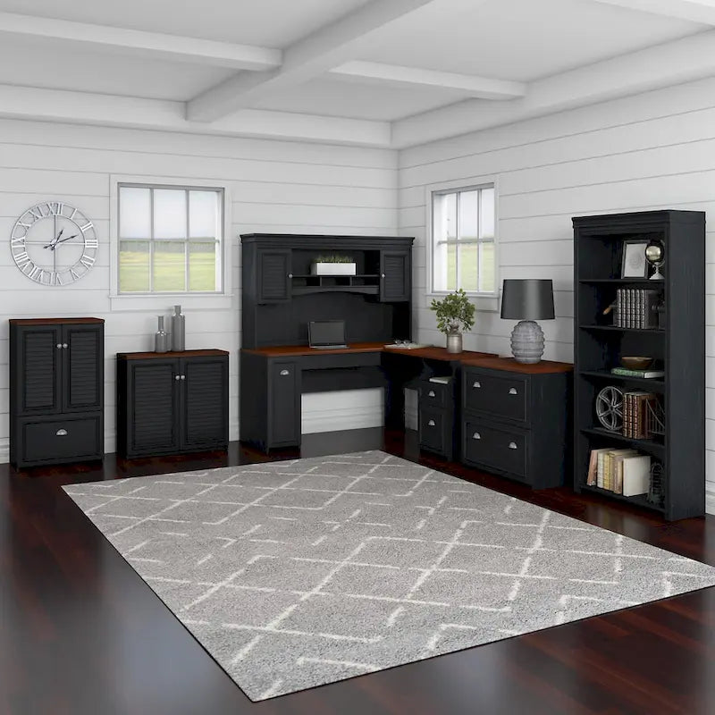 Antique Black/Antique White L-Shaped Corner Desk with Drawers and Storage, 1-Person