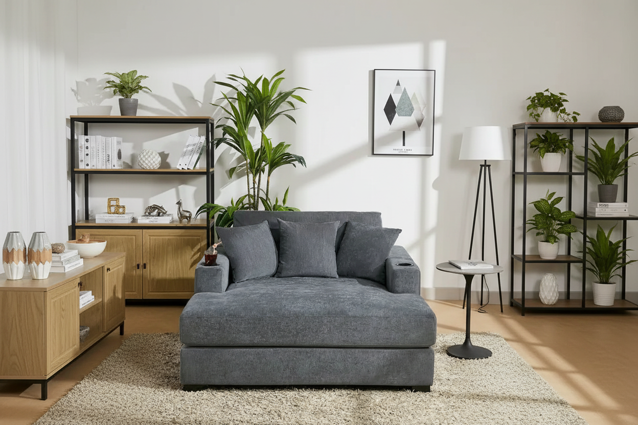 Gray Chenille Oversized Chaise Lounger with Charging Station, 1–2 Person