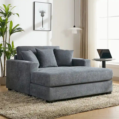 Gray Chenille Oversized Chaise Lounger with Charging Station, 1–2 Person