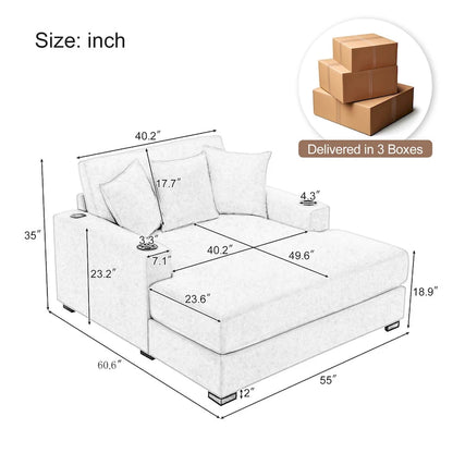 Gray Chenille Oversized Chaise Lounger with Charging Station, 1–2 Person