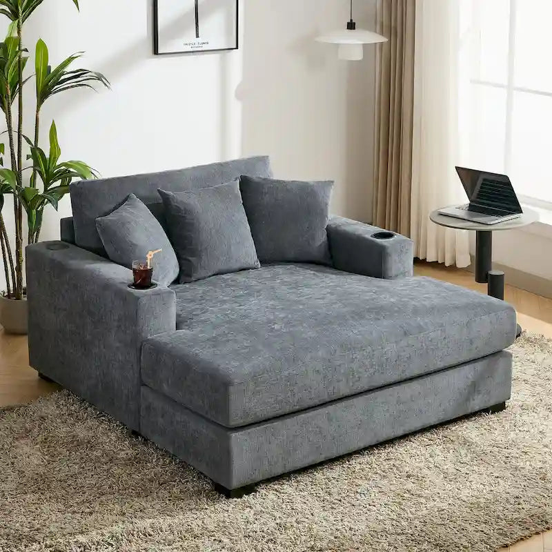 Gray Chenille Oversized Chaise Lounger with Charging Station, 1–2 Person