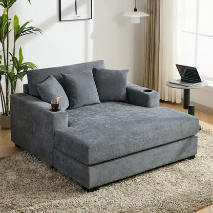 Gray Chenille Oversized Chaise Lounger with Charging Station, 1–2 Person