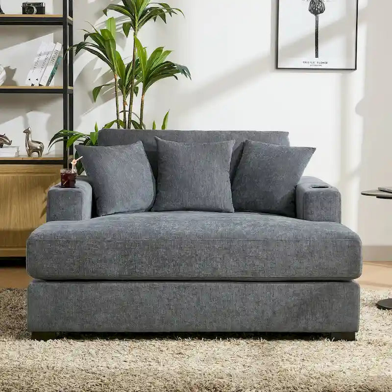Gray Chenille Oversized Chaise Lounger with Charging Station, 1–2 Person