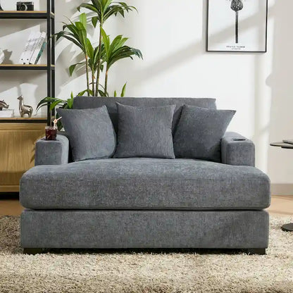 Gray Chenille Oversized Chaise Lounger with Charging Station, 1–2 Person