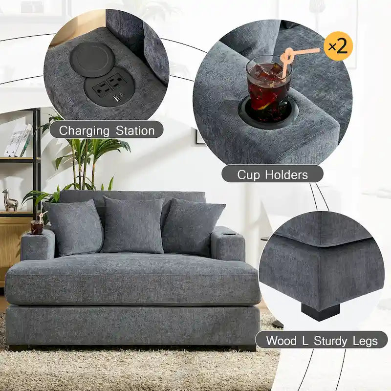 Gray Chenille Oversized Chaise Lounger with Charging Station, 1–2 Person