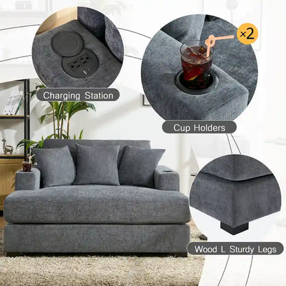 Gray Chenille Oversized Chaise Lounger with Charging Station, 1–2 Person