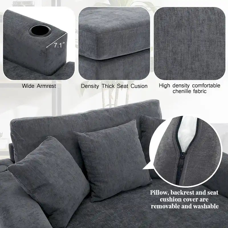 Gray Chenille Oversized Chaise Lounger with Charging Station, 1–2 Person
