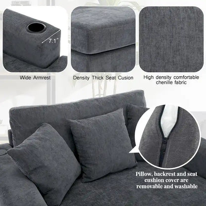 Gray Chenille Oversized Chaise Lounger with Charging Station, 1–2 Person