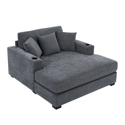 Gray Chenille Oversized Chaise Lounger with Charging Station, 1–2 Person