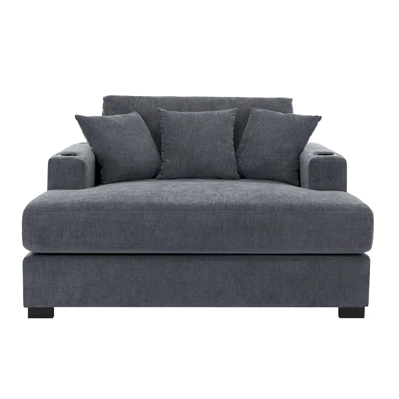 Gray Chenille Oversized Chaise Lounger with Charging Station, 1–2 Person