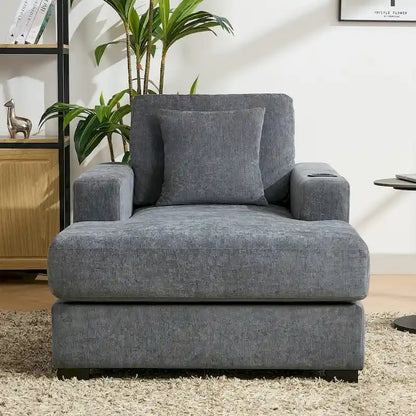 Gray Chenille Oversized Chaise Lounger with Charging Station, 1–2 Person