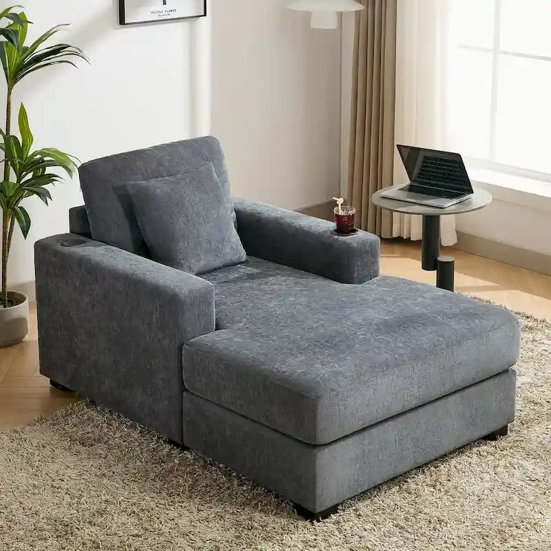 Gray Chenille Oversized Chaise Lounger with Charging Station, 1–2 Person