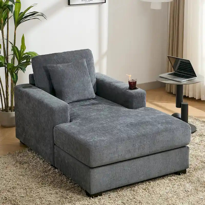 Gray Chenille Oversized Chaise Lounger with Charging Station, 1–2 Person