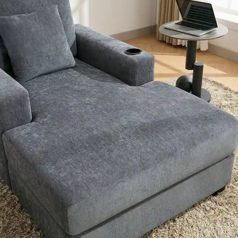 Gray Chenille Oversized Chaise Lounger with Charging Station, 1–2 Person