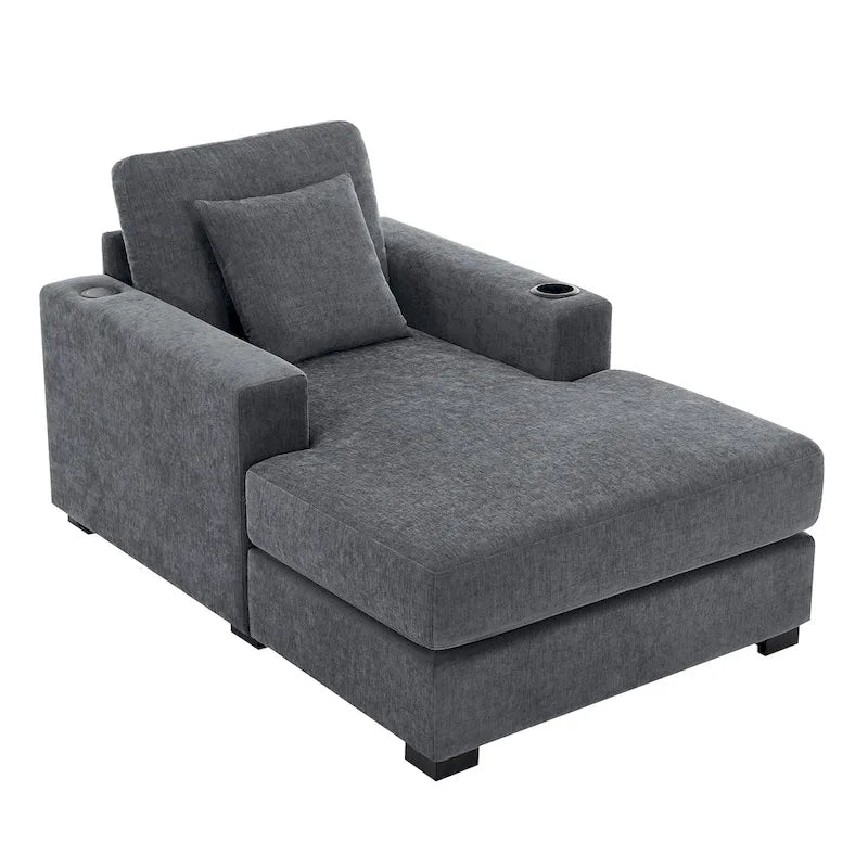 Gray Chenille Oversized Chaise Lounger with Charging Station, 1–2 Person