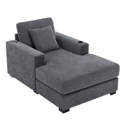 Gray Chenille Oversized Chaise Lounger with Charging Station, 1–2 Person