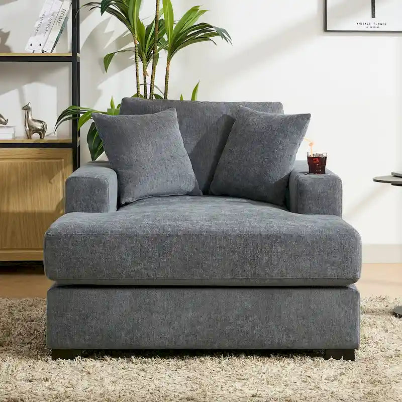 Gray Chenille Oversized Chaise Lounger with Charging Station, 1–2 Person