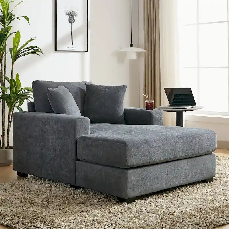 Gray Chenille Oversized Chaise Lounger with Charging Station, 1–2 Person