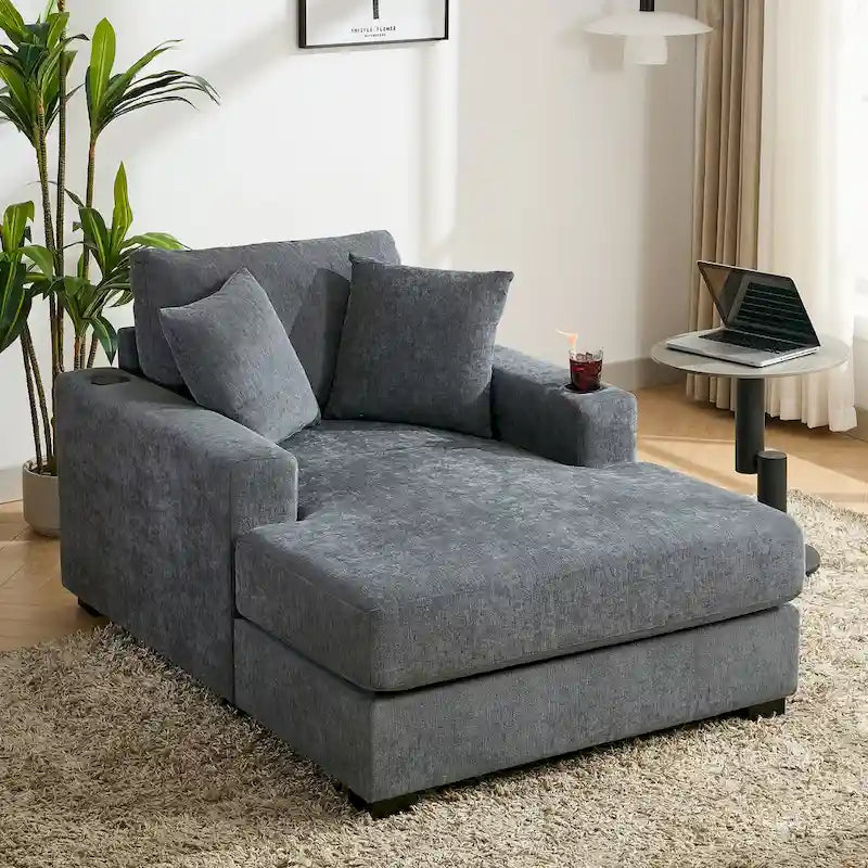 Gray Chenille Oversized Chaise Lounger with Charging Station, 1–2 Person