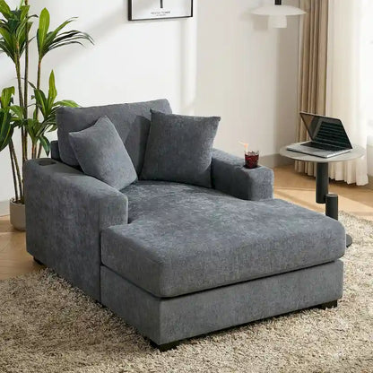 Gray Chenille Oversized Chaise Lounger with Charging Station, 1–2 Person