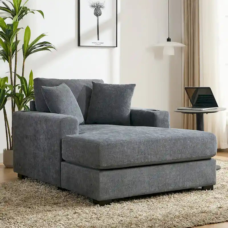 Gray Chenille Oversized Chaise Lounger with Charging Station, 1–2 Person