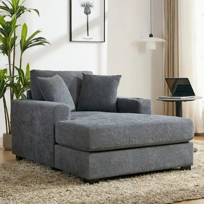 Gray Chenille Oversized Chaise Lounger with Charging Station, 1–2 Person