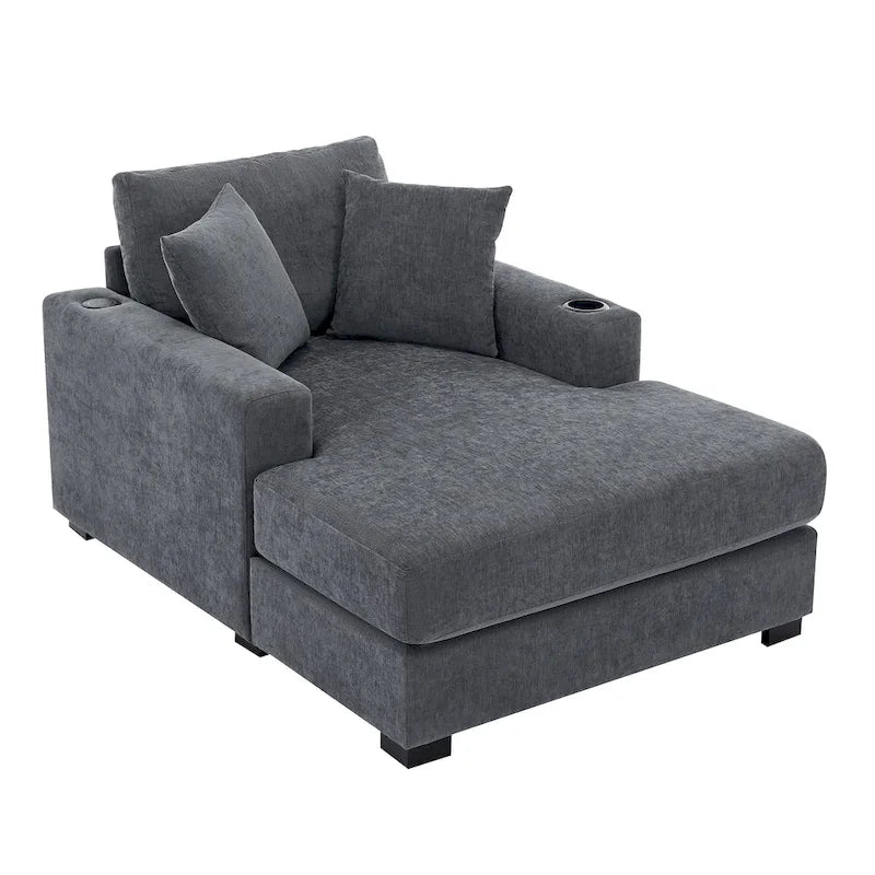 Gray Chenille Oversized Chaise Lounger with Charging Station, 1–2 Person