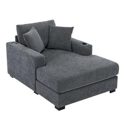 Gray Chenille Oversized Chaise Lounger with Charging Station, 1–2 Person