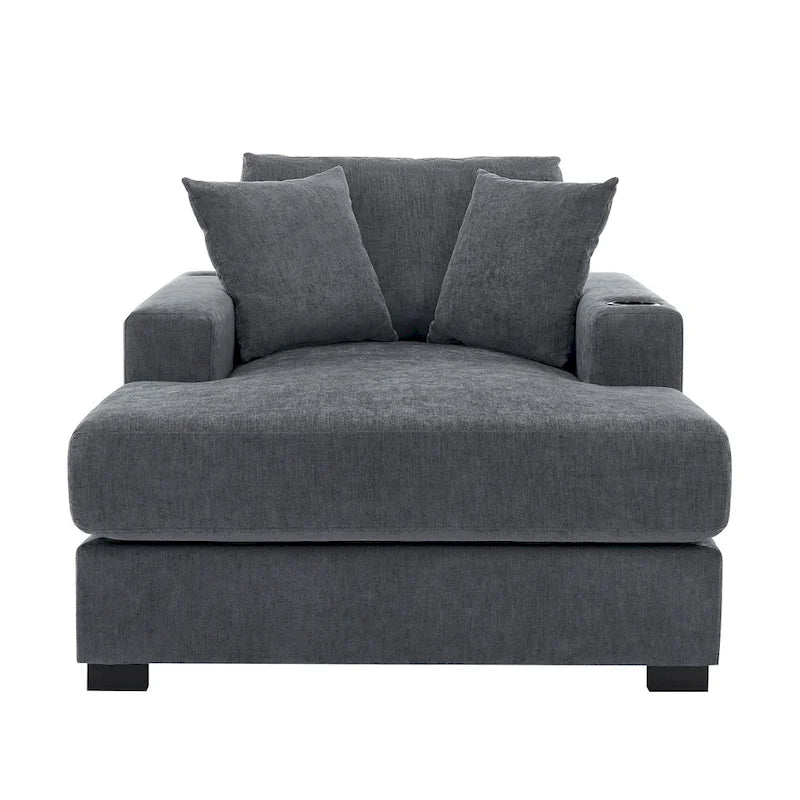Gray Chenille Oversized Chaise Lounger with Charging Station, 1–2 Person