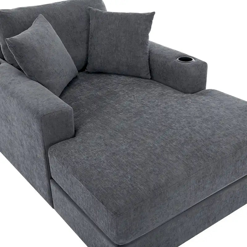 Gray Chenille Oversized Chaise Lounger with Charging Station, 1–2 Person