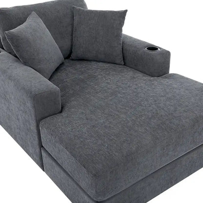 Gray Chenille Oversized Chaise Lounger with Charging Station, 1–2 Person