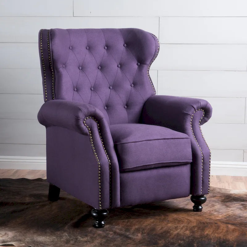 Purple Push Back Recliner with Copper Accents and Rolled Arms